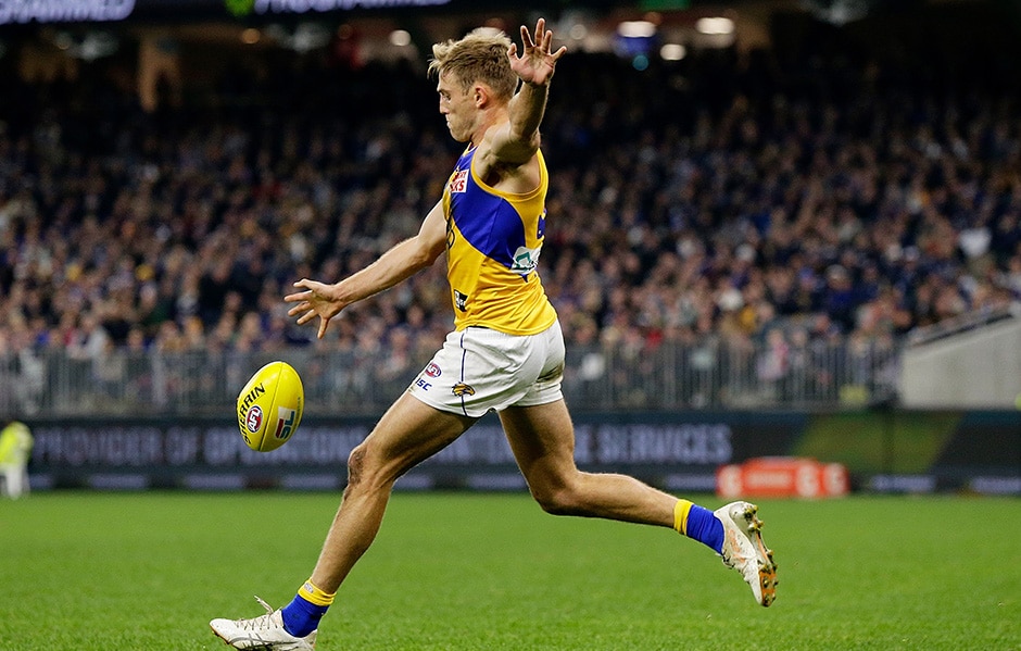 AFL 2019 Round 16 - Fremantle v West Coast PERTH, AUSTRALIA - JULY 06: Brad Sheppard of the Eagles kicks the ball during the 2019 AFL round 16 match between the Fremantle Dockers and the West Coast Eagles at the Optus Stadium on July 06, 2019 in Perth, Australia. (Photo by Will Russell/AFL Photos)